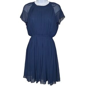 Vintage SOEN MODE 60's Navy Blue Dress‎ Sz 9 Pleated Chiffon Sheer Sleeve Japan